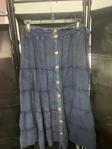 Sparkly festive blue skirt shown from alternate angle